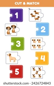 Education game for children cut piece of puzzle and match by number of cute dog pet worksheet