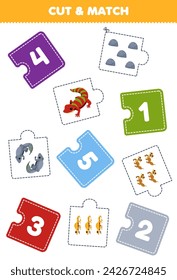 Education game for children cut piece of puzzle and match by number of cute gecko pet worksheet