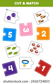 Education game for children cut piece of puzzle and match by number of cute cat stuff pet worksheet