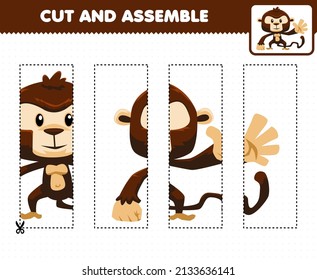 Juego de educación para niños cortando prácticas y ensamblando puzzle con mono de animal adorable de dibujos animados