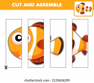 Education game for children cutting practice and assemble puzzle with cute cartoon animal fish