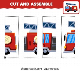 Education game for children cutting practice and assemble puzzle with cartoon transportation firetruck
