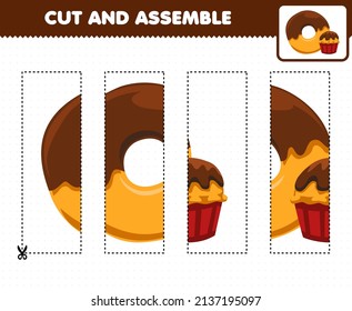 Education game for children cutting practice and assemble puzzle with cartoon food donut and cupcake