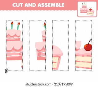 Juego de educación para niños cortando prácticas y ensamblando rompecabezas con torta de comida de dibujos animados