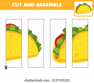 Education game for children cutting practice and assemble puzzle with cartoon food taco