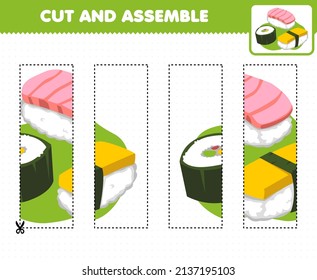 Education game for children cutting practice and assemble puzzle with cartoon japanese food sushi