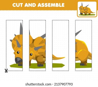 Juego de educación para niños cortando prácticas y ensamblando puzzle con caricatura de xenoceratops de dinosaurios prehistóricos