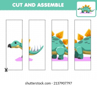 Education game for children cutting practice and assemble puzzle with cartoon prehistoric dinosaur stegosaurus