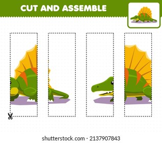 Education game for children cutting practice and assemble puzzle with cartoon prehistoric dinosaur dimetrodon