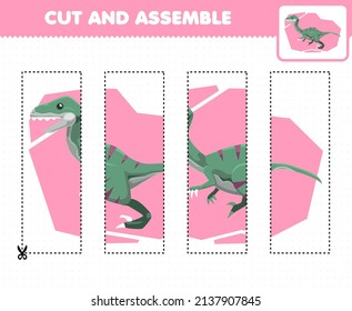 Education game for children cutting practice and assemble puzzle with cartoon prehistoric dinosaur velociraptor