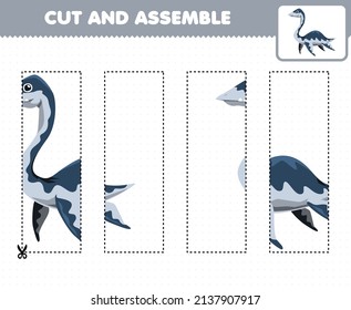 Juego de educación para niños cortando prácticas y ensamblando puzzle con viñeta prehistórica de dinosaurio plesiosaurio
