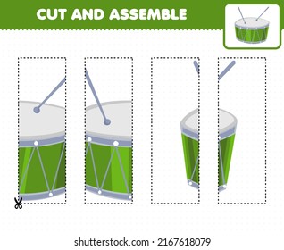 Education game for children cutting practice and assemble puzzle with cartoon music instrument drum printable worksheet
