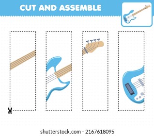 Juego de educación para niños cortar prácticas y ensamblar puzzle con la hoja de cálculo imprimible de instrumentos de música de dibujos animados