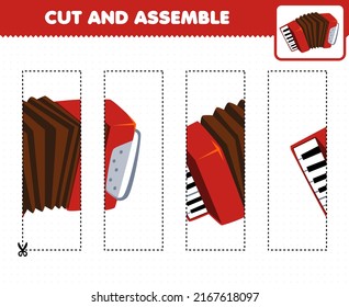 Education game for children cutting practice and assemble puzzle with cartoon music instrument accordion printable worksheet