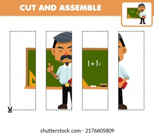 Education game for children cutting practice and assemble puzzle with cute cartoon teacher profession printable worksheet