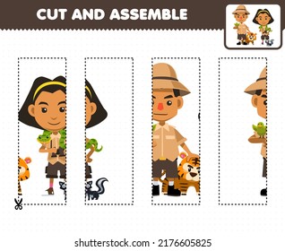 Education game for children cutting practice and assemble puzzle with cute cartoon zookeeper profession printable worksheet