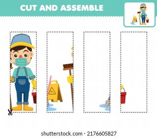 Education game for children cutting practice and assemble puzzle with cute cartoon janitor profession printable worksheet
