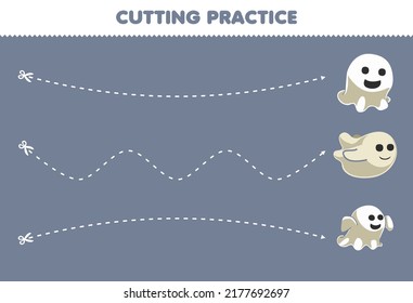 Education game for children cutting practice with cute cartoon ghost halloween printable worksheet