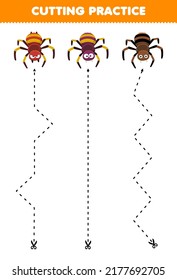 Juego de educación para niños que cortan la práctica con una tierna araña de dibujos animados hoja de cálculo imprimible Halloween