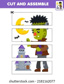 Education game for children cutting practice and assemble puzzle with cute cartoon frankenstein costume halloween printable worksheet