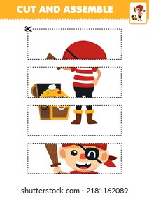 Erziehungsspiel für Kinder, das Übungen schneidet und Puzzle mit süßem Cartoon-Piraten-Kinderkostüm auf halloween-Arbeitsblatt zusammenbaut