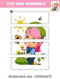 Education game for children cutting practice and assemble puzzle with cute cartoon florist picking flowers beside butterfly and bee farm printable worksheet