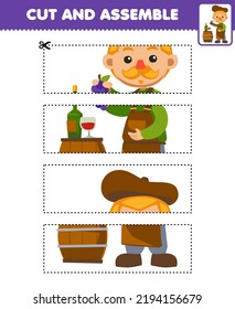 Education game for children cutting practice and assemble puzzle with cute cartoon winemaker carrying grape beside wooden barrel farm printable worksheet