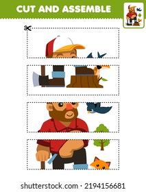 Education game for children cutting practice and assemble puzzle with cute cartoon woodcutter carries an ax beside fox and bird farm printable worksheet