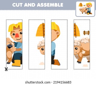 Education game for children cutting practice and assemble puzzle with cute cartoon farmer shears sheep farm printable worksheet