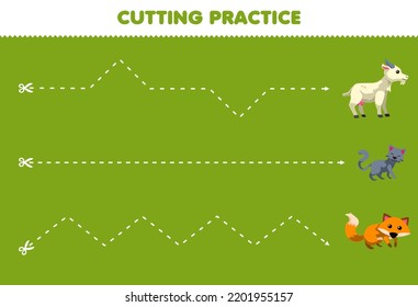 Juego de educación para niños que cortan la práctica con la hoja de cálculo de la granja de animales imprimible de zorro de gato de cabra tierno