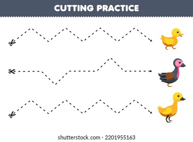 Education game for children cutting practice with cute cartoon duck printable animal farm worksheet