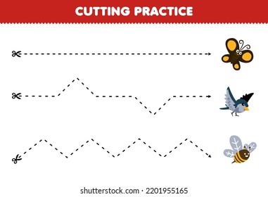 Education game for children cutting practice with cute cartoon butterfly bird bee printable animal farm worksheet