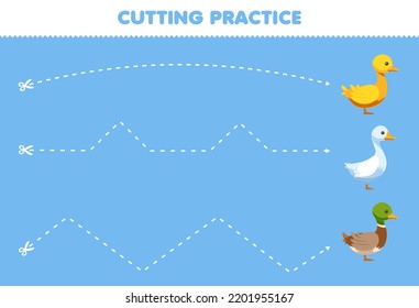 Education Game For Children Cutting Practice With Cute Cartoon Duck Goose Printable Animal Farm Worksheet