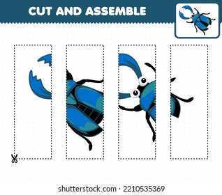 Education game for children cutting practice and assemble puzzle with cute cartoon blue stag beetle printable bug worksheet