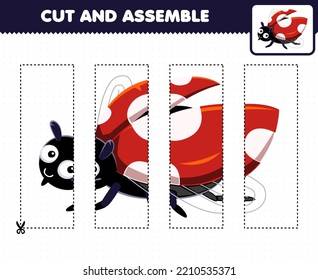 Erziehungsspiel für Kinder, das Übungspraxis schneidet und Puzzle mit süßem Cartoon-Ladybug-druckbarem Bug-Arbeitsblatt zusammenbaut