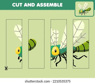 Juego de educación para niños cortar prácticas y ensamblar puzzle con una hoja de cálculo de errores tipográfica de la libélula de dibujos animados