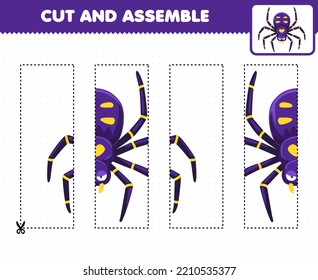 Juego de educación para niños cortando prácticas y ensamblando puzzle con una tierna hoja de cálculo de la araña morada imprimible
