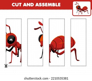 Education game for children cutting practice and assemble puzzle with cute cartoon red ant printable bug worksheet