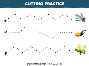 Education game for children cutting practice with cute cartoon dragonfly and beetle printable bug worksheet