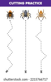 Education game for children cutting practice with cute cartoon spider printable bug worksheet