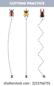 Education game for children cutting practice with cute cartoon beetle printable bug worksheet