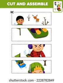 Juego de educación para niños cortar prácticas y ensamblar puzzle con niños de dibujos animados adorables jugando hoja de cálculo de invierno imprimible con trineos