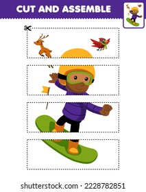 Juego de educación para niños cortando prácticas y ensamblando puzzle con tierno caricaturista jugando a tablero de nieve imprimible hoja de cálculo de invierno