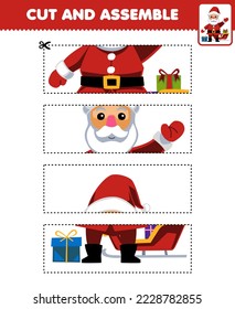 Education game for children cutting practice and assemble puzzle with cute cartoon santa printable winter worksheet