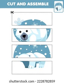 Erziehungsspiel für Kinder, die die Übungspraxis schneiden und Puzzle mit süßem Cartoon-Eisbär-bedruckbarem Winterarbeitsblatt zusammenbauen