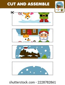 Education game for children cutting practice and assemble puzzle with cute cartoon gnome and snowman in front of house printable winter worksheet