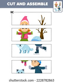 Education game for children cutting practice and assemble puzzle with cute cartoon boy and girl playing ice skating printable winter worksheet