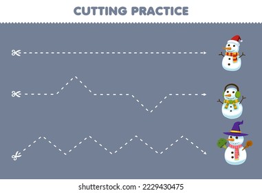 Juego de educación para niños cortando prácticas con dibujos animados adorables imagen de muñeco de nieve imprimible hoja de cálculo de invierno