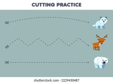 Education game for children cutting practice with cute cartoon arctic fox deer and polar bear picture printable winter worksheet