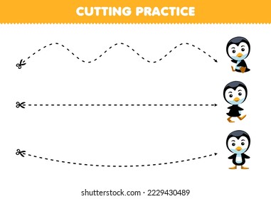 Education game for children cutting practice with cute cartoon penguin picture printable winter worksheet